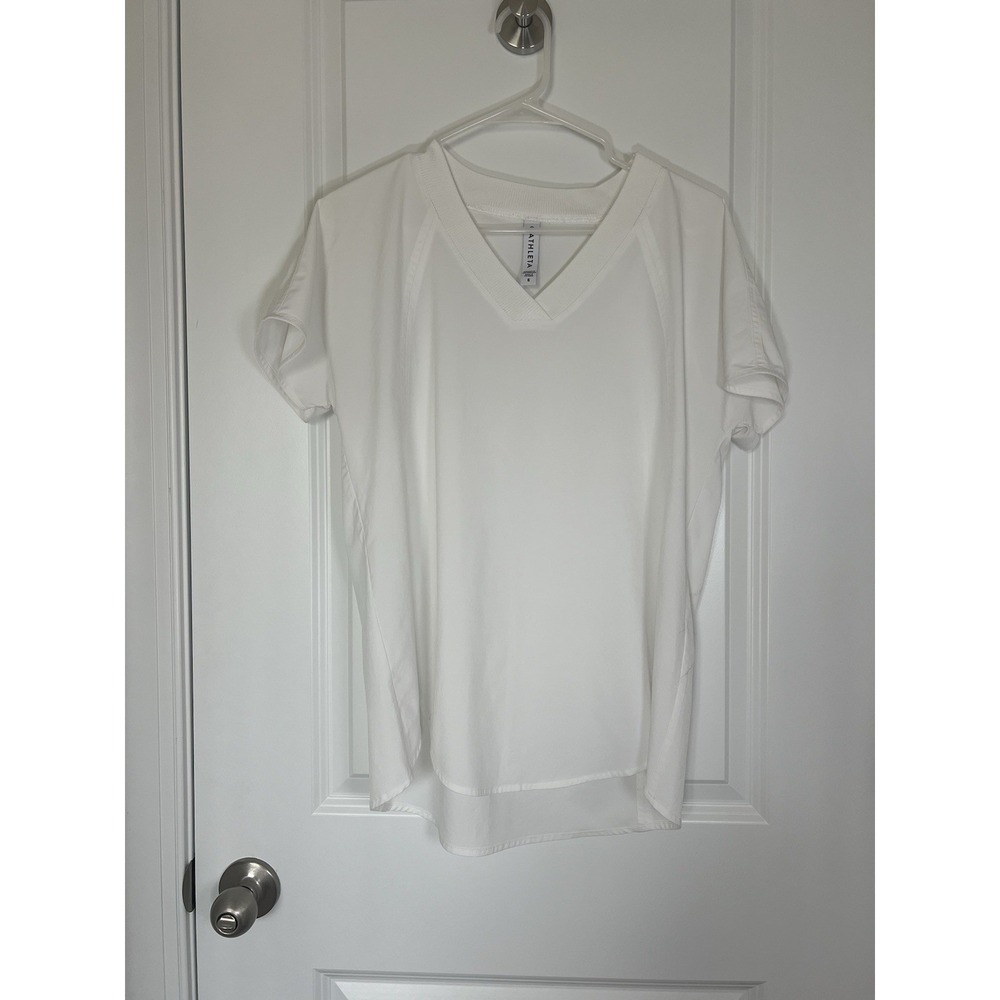 Women's Athleta White Performance V Neck Shirt‎ Tee Small Poly/Spandex